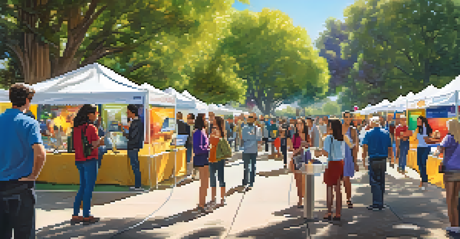 A community event in Cupertino with diverse people networking and collaborating under sunny skies.