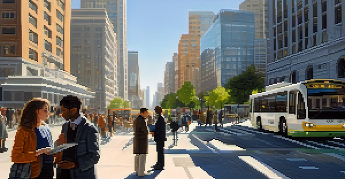 A city planner using a digital tablet outdoors, surrounded by a busy urban street with pedestrians and public transit.
