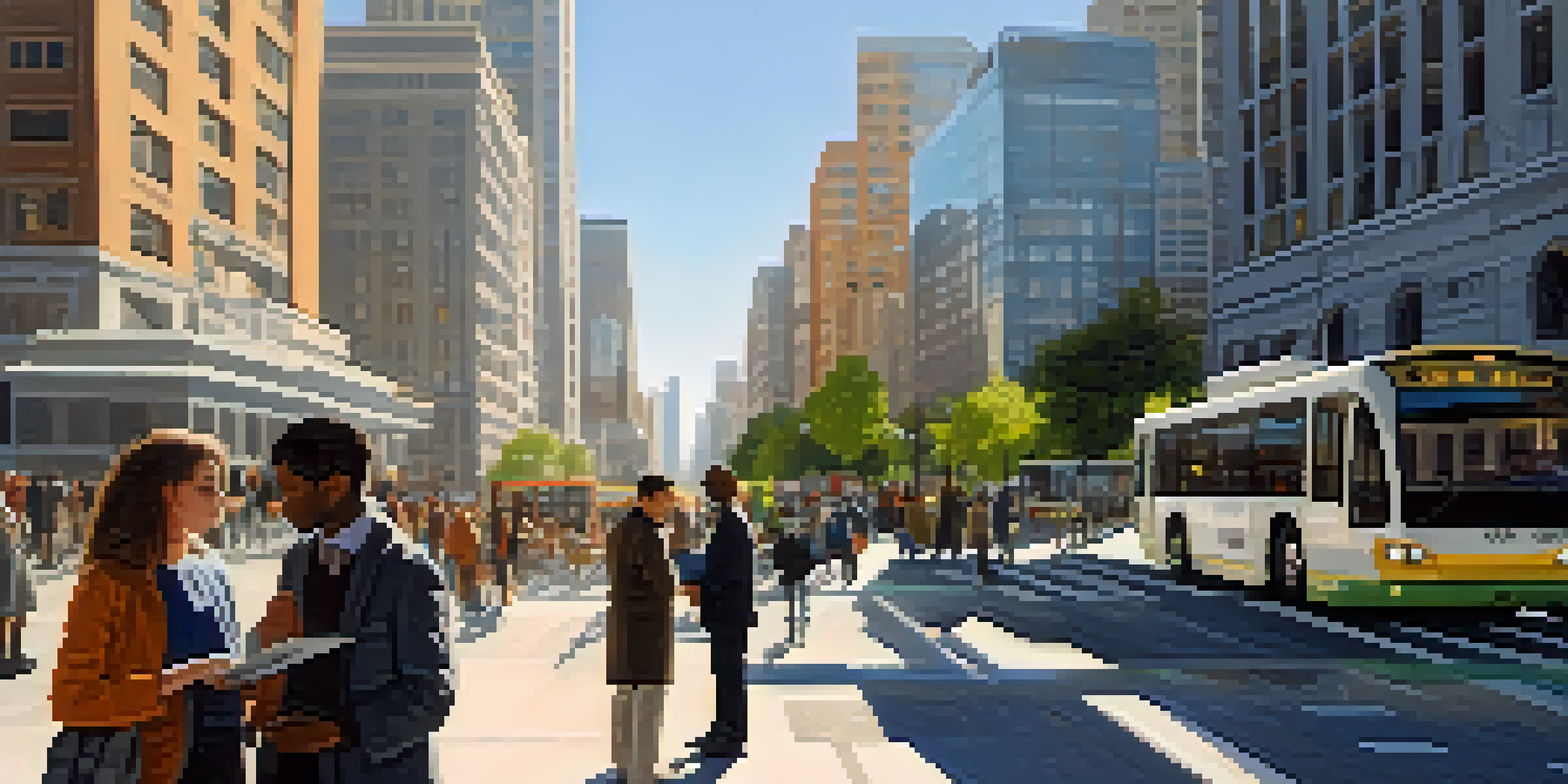 A city planner using a digital tablet outdoors, surrounded by a busy urban street with pedestrians and public transit.