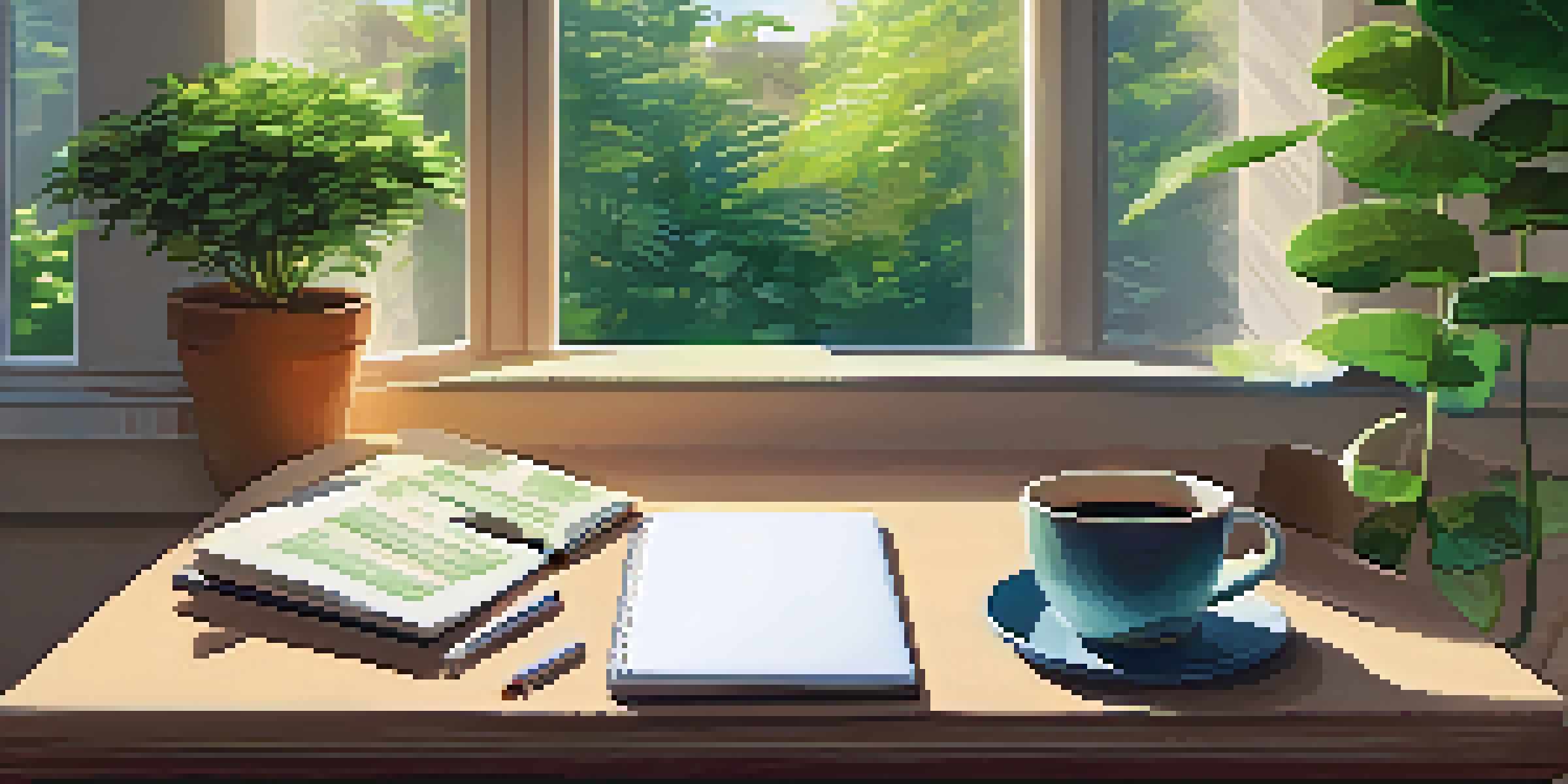 A cozy study space with a desk, laptop, notebooks, and a coffee cup, bathed in sunlight with plants around.