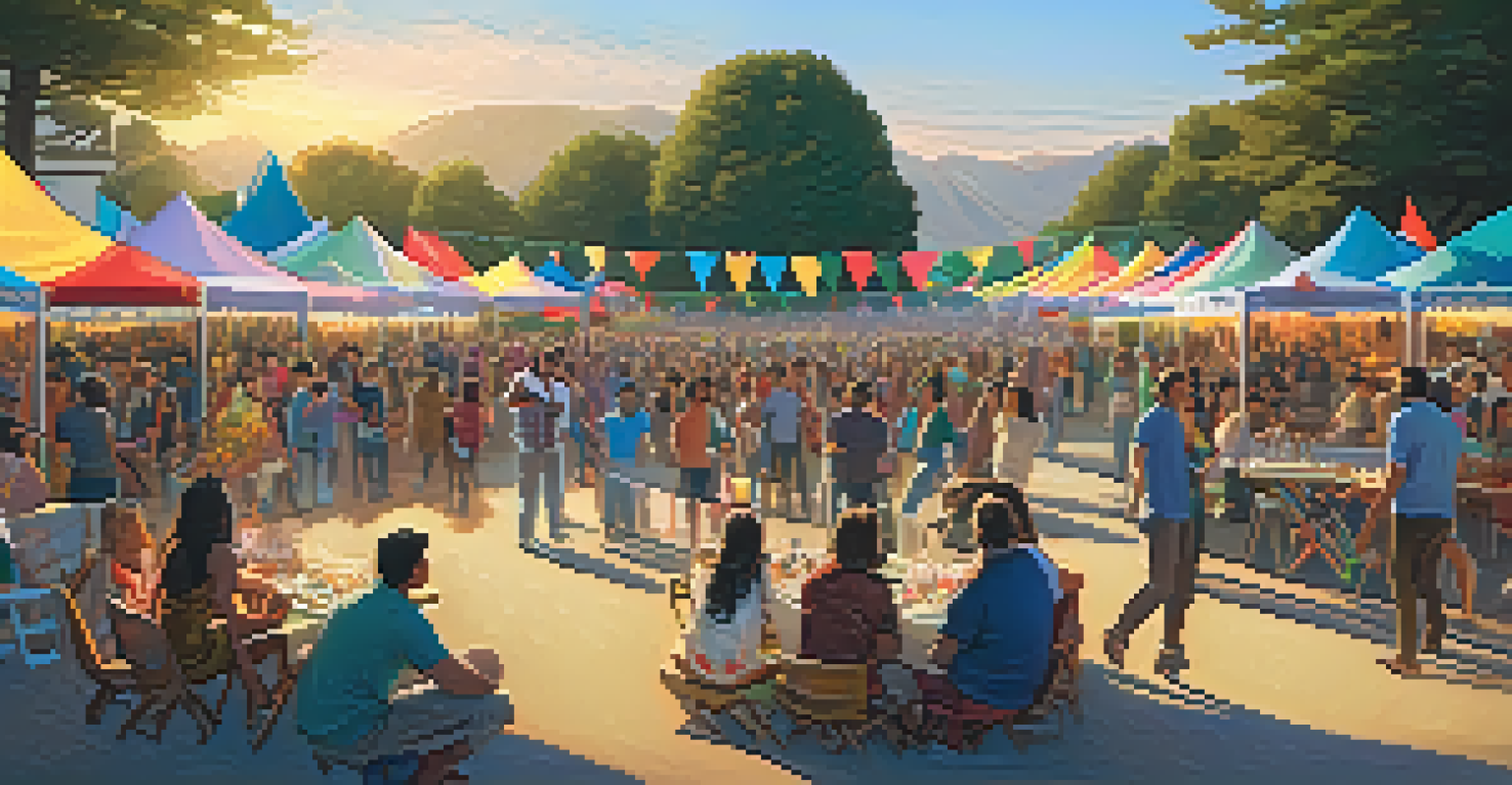 A multicultural music festival with diverse performers on stage, an enthusiastic audience dancing, colorful flags, and food trucks offering international cuisine.