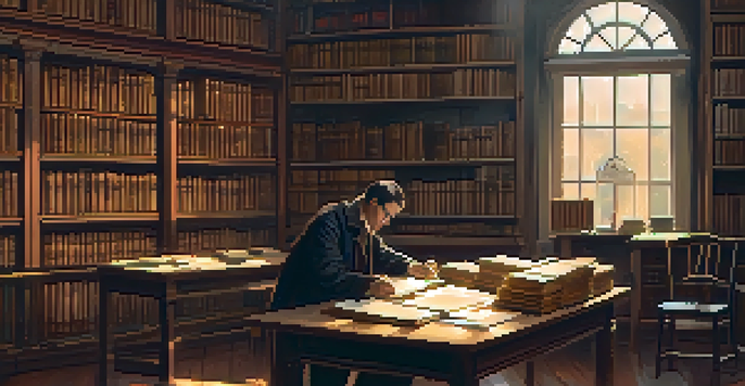 An interior view of a local history archive with wooden shelves full of books and documents, a researcher at a table studying.