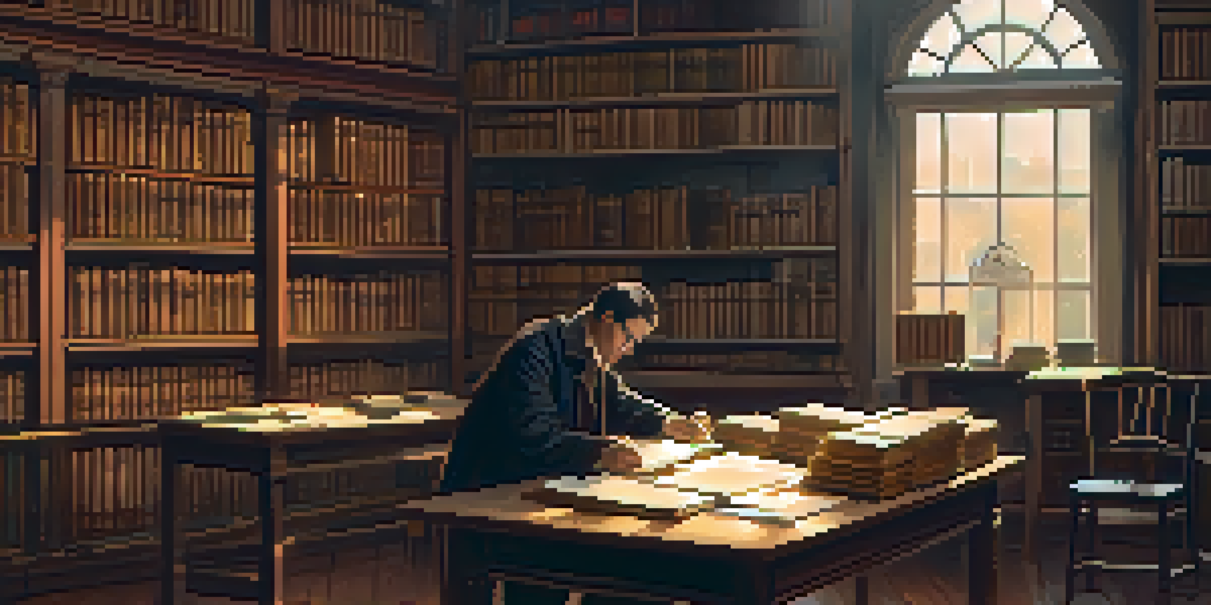An interior view of a local history archive with wooden shelves full of books and documents, a researcher at a table studying.