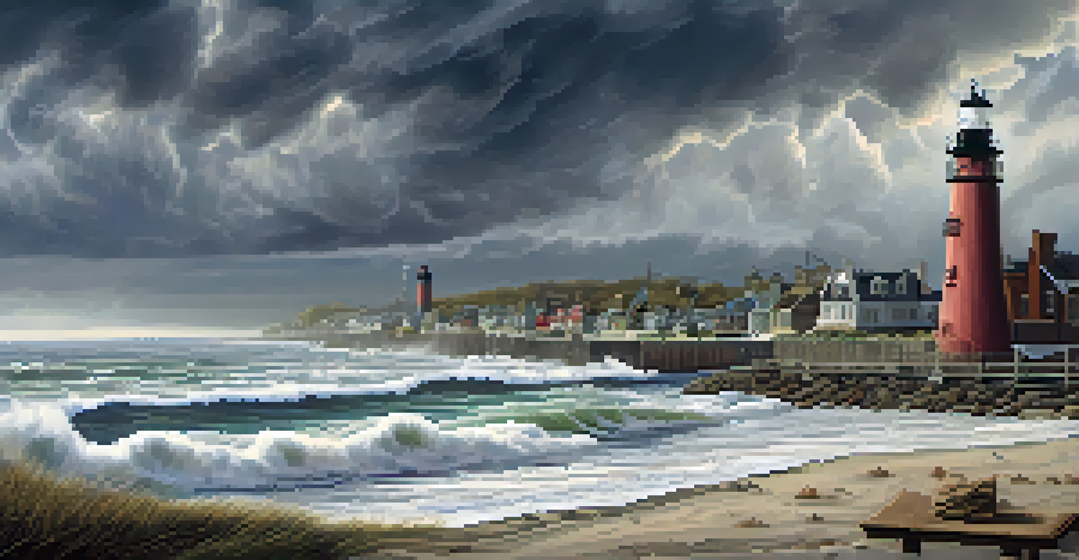 A historic lighthouse by the coast facing stormy waves, with sandbags for protection and beachgoers reflecting community awareness.