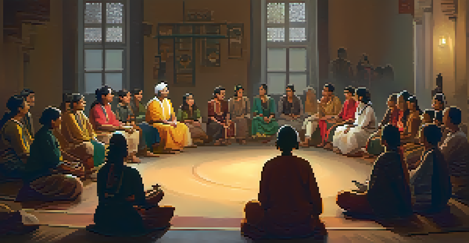 A warm storytelling session with an engaged audience listening to a storyteller in traditional clothing.
