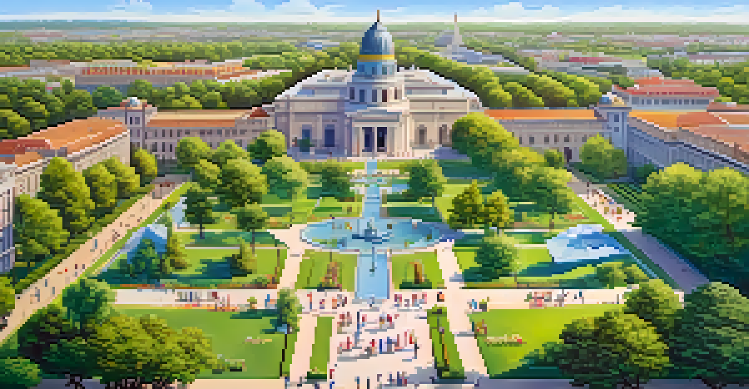 A vibrant aerial view of City Park with greenery, flowers, and people enjoying leisure activities.