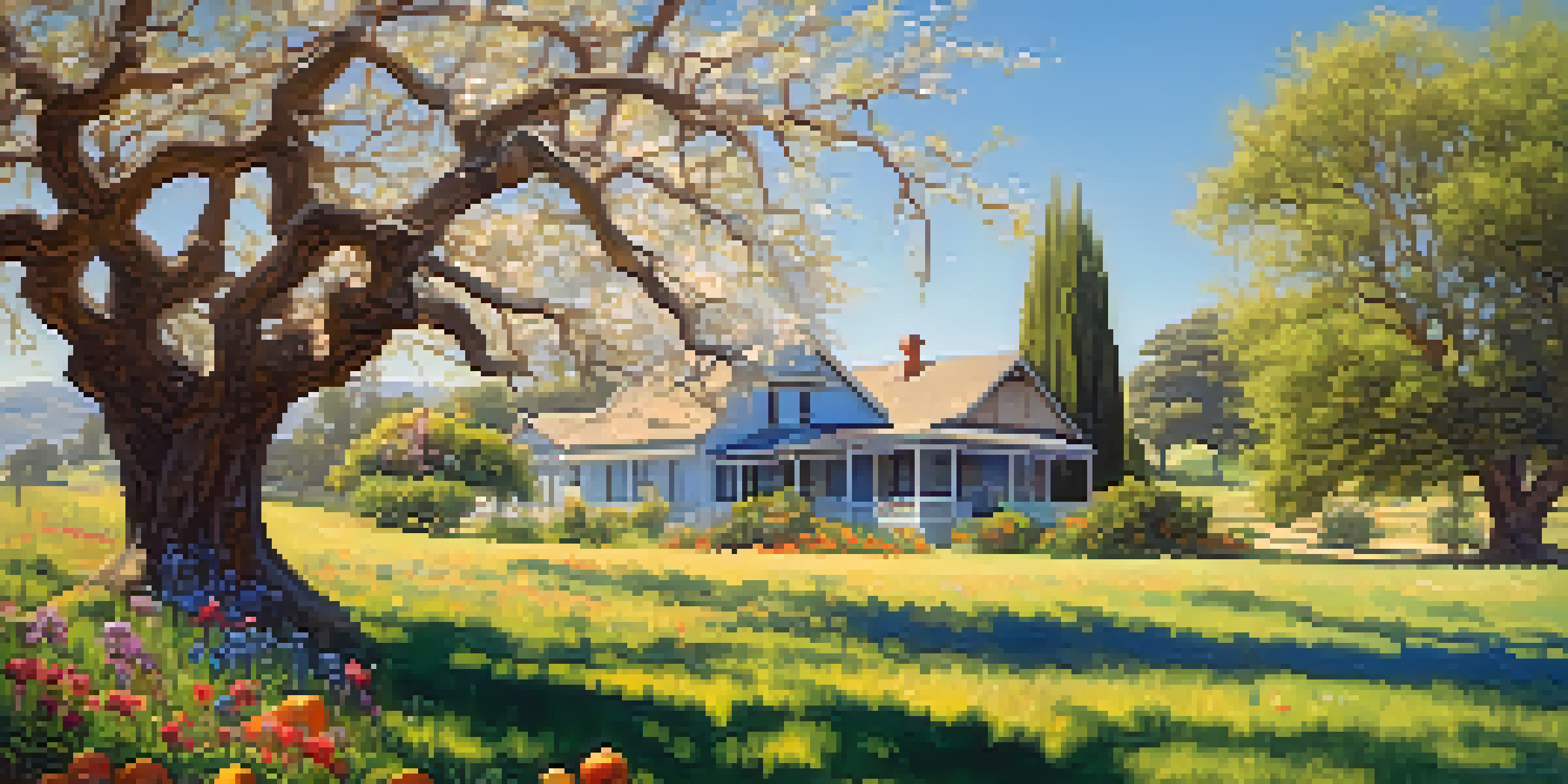 A scenic view of Cupertino's historical landscape with blooming orchards and an old farmhouse under a bright blue sky.