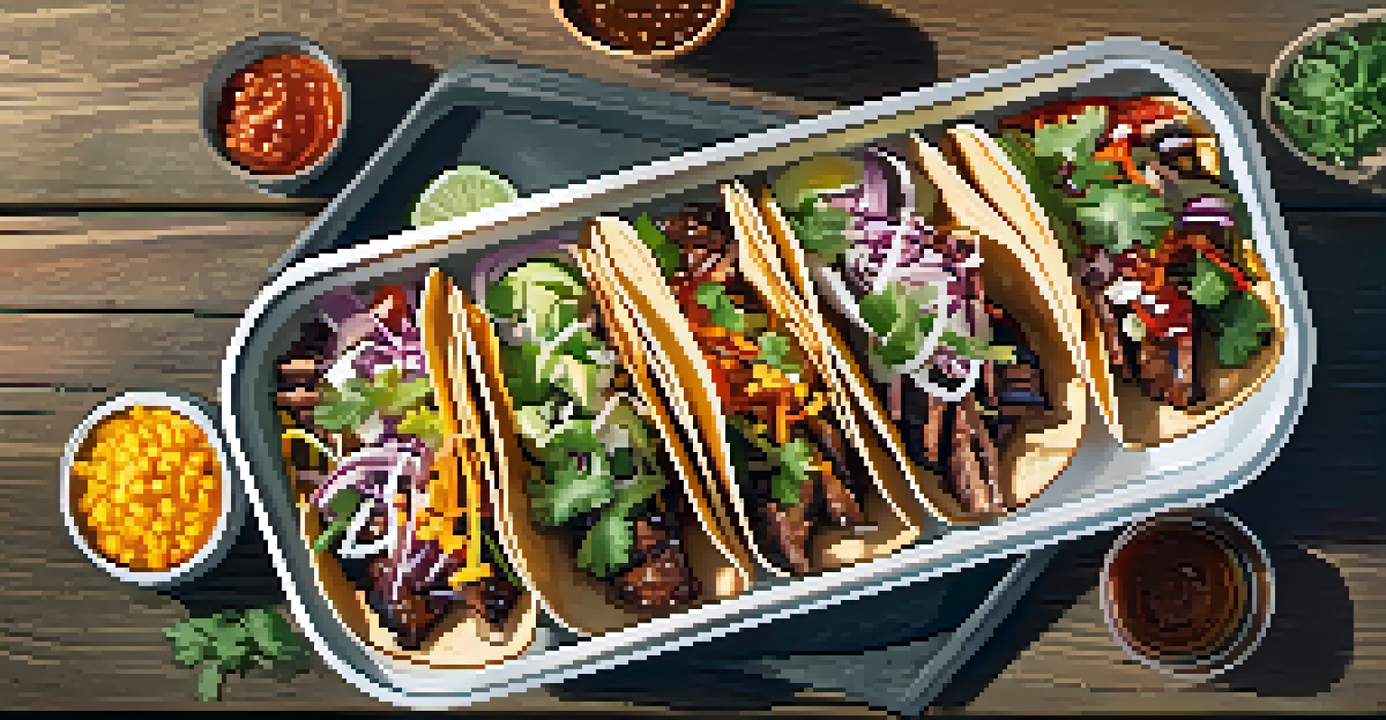 A gourmet food truck serving fusion tacos with an overhead view of a beautifully arranged plate.
