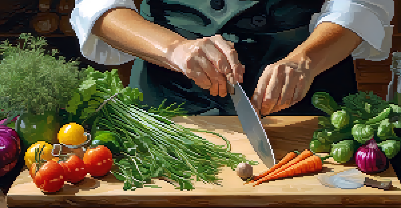 A close-up of a chef's hands chopping fresh herbs on a cutting board with colorful vegetables around them.