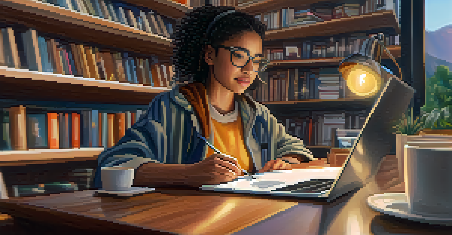 A young person working on a laptop in a café, surrounded by books and art supplies, representing connectivity and innovation.