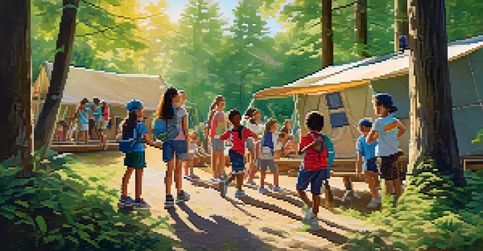 A lively summer camp with children participating in painting, hiking, and sports amidst a sunny forest setting.