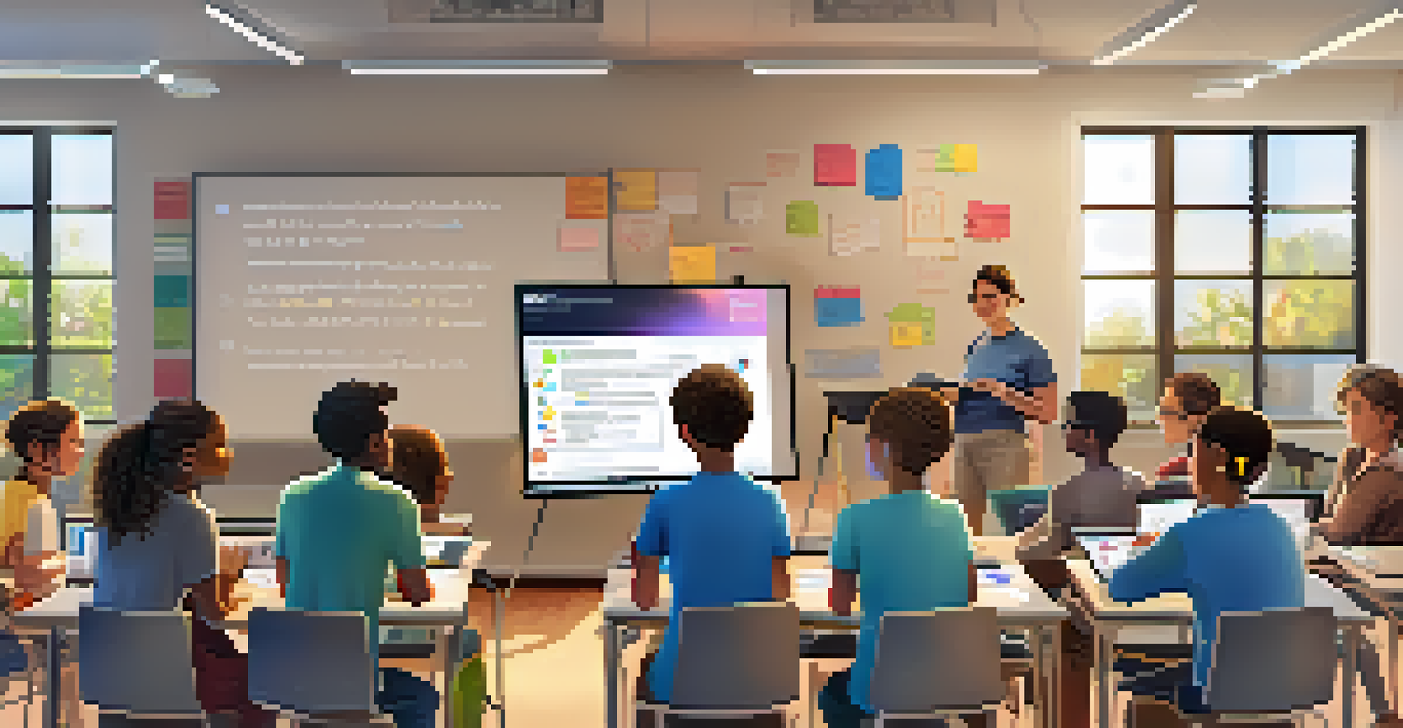 An instructor teaching a coding workshop to attentive students in a bright classroom.