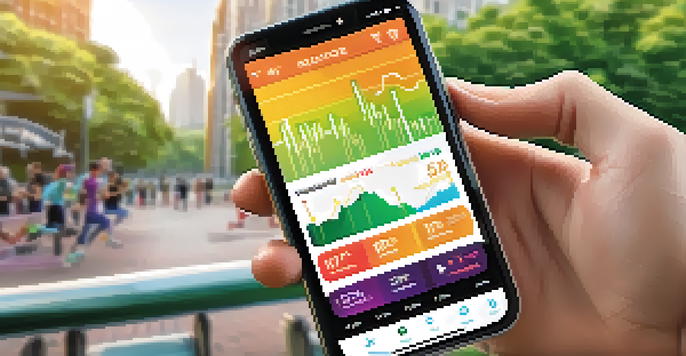 A smartphone screen showing a health app with colorful health metrics, set against a vibrant urban park scene.