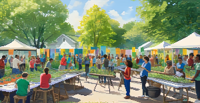 A lively outdoor community workshop focused on climate action, with a diverse group of residents and colorful banners.