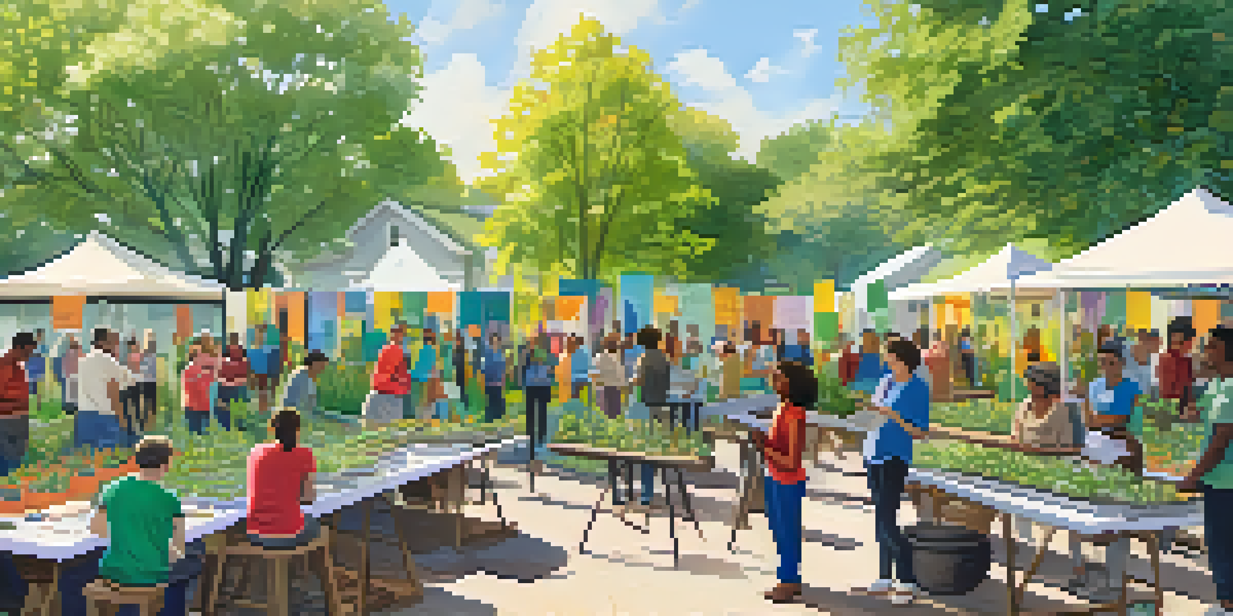A lively outdoor community workshop focused on climate action, with a diverse group of residents and colorful banners.