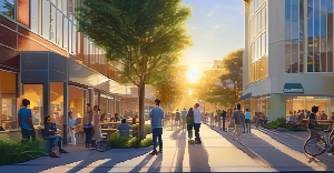A lively street in Cupertino with modern buildings and greenery, during sunset, featuring diverse people interacting.