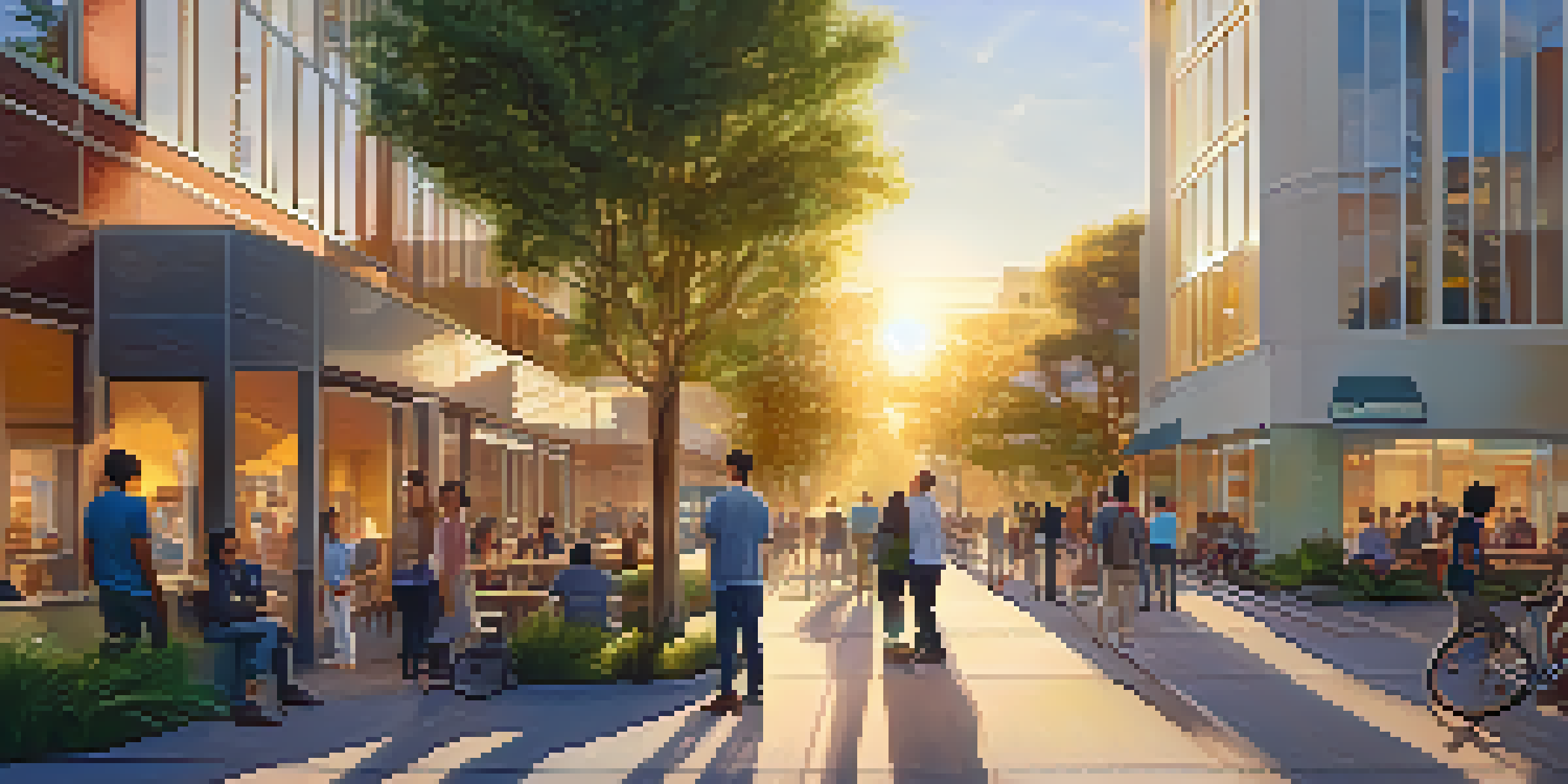 A lively street in Cupertino with modern buildings and greenery, during sunset, featuring diverse people interacting.