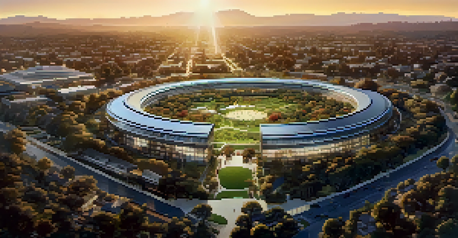 Aerial view of Cupertino skyline with residential neighborhoods and tech buildings, including Apple headquarters at sunset.