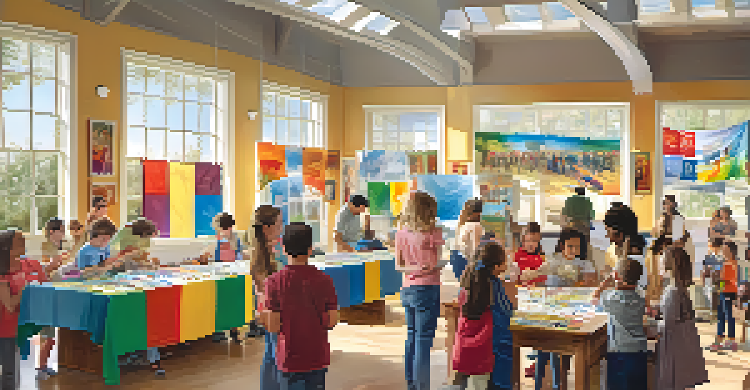 Families and children participating in a community workshop at a local museum with colorful artwork.