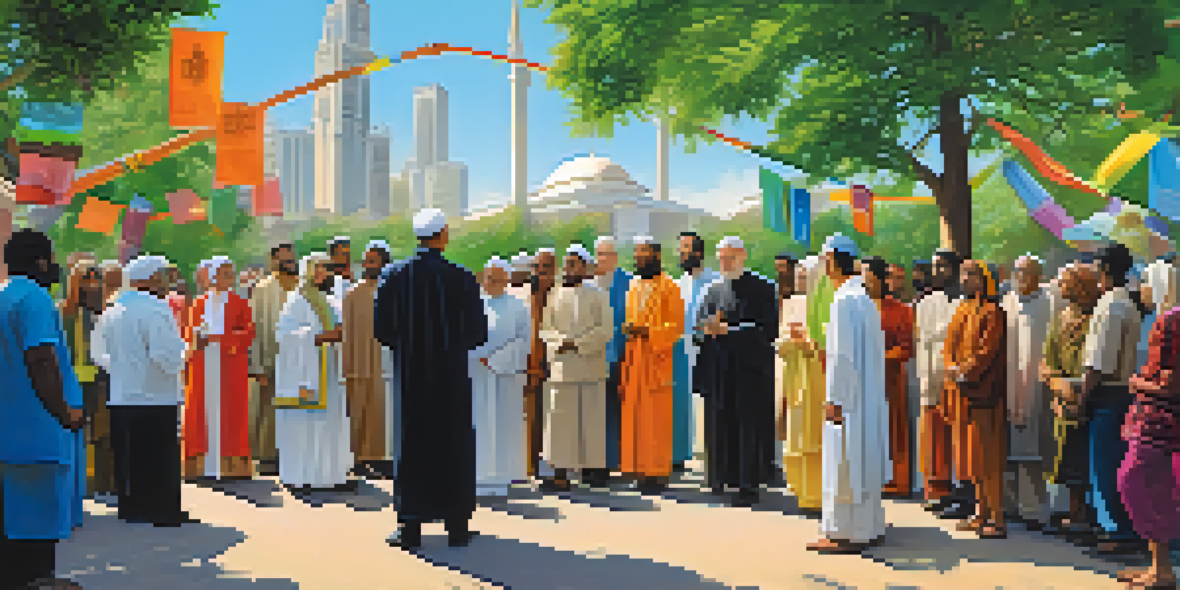 A diverse group of people from different religions engaged in interfaith dialogue in a park, surrounded by greenery and colorful banners.