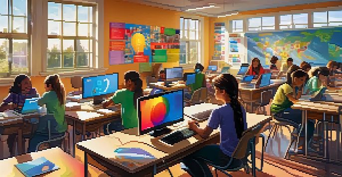 A lively classroom where students are actively participating in digital literacy activities, working on laptops and engaging in group discussions.