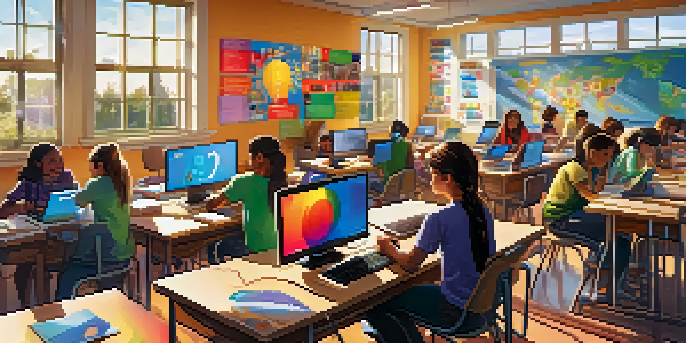 A lively classroom where students are actively participating in digital literacy activities, working on laptops and engaging in group discussions.