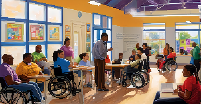 A community center with diverse individuals participating in disability services, including job training and assistive technology use.