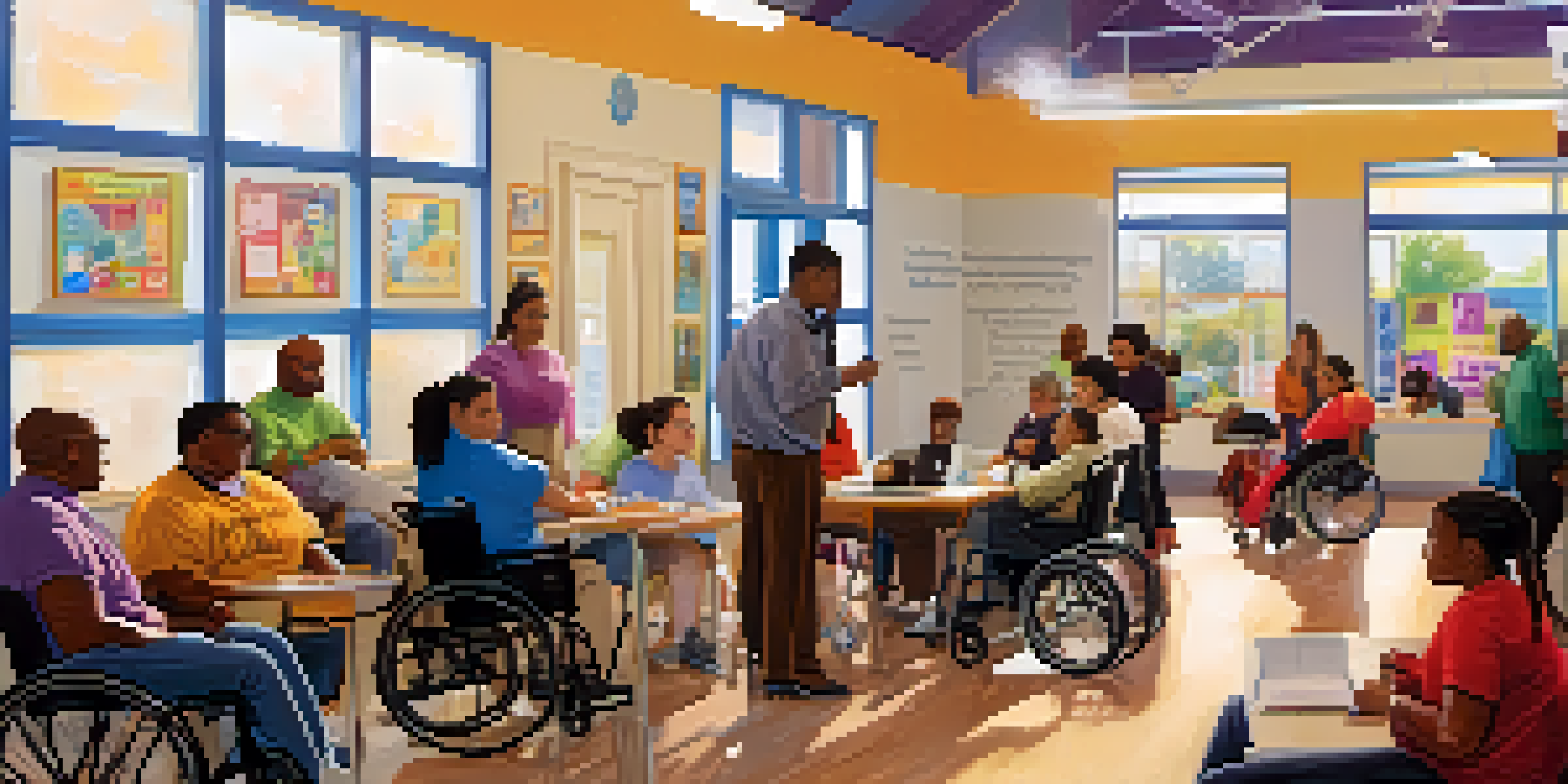 A community center with diverse individuals participating in disability services, including job training and assistive technology use.