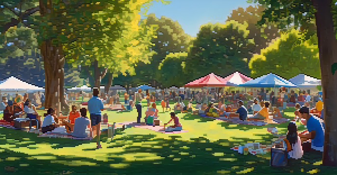 A lively community gathering in a park with diverse residents enjoying activities, colorful picnic blankets, and sunlight filtering through trees.