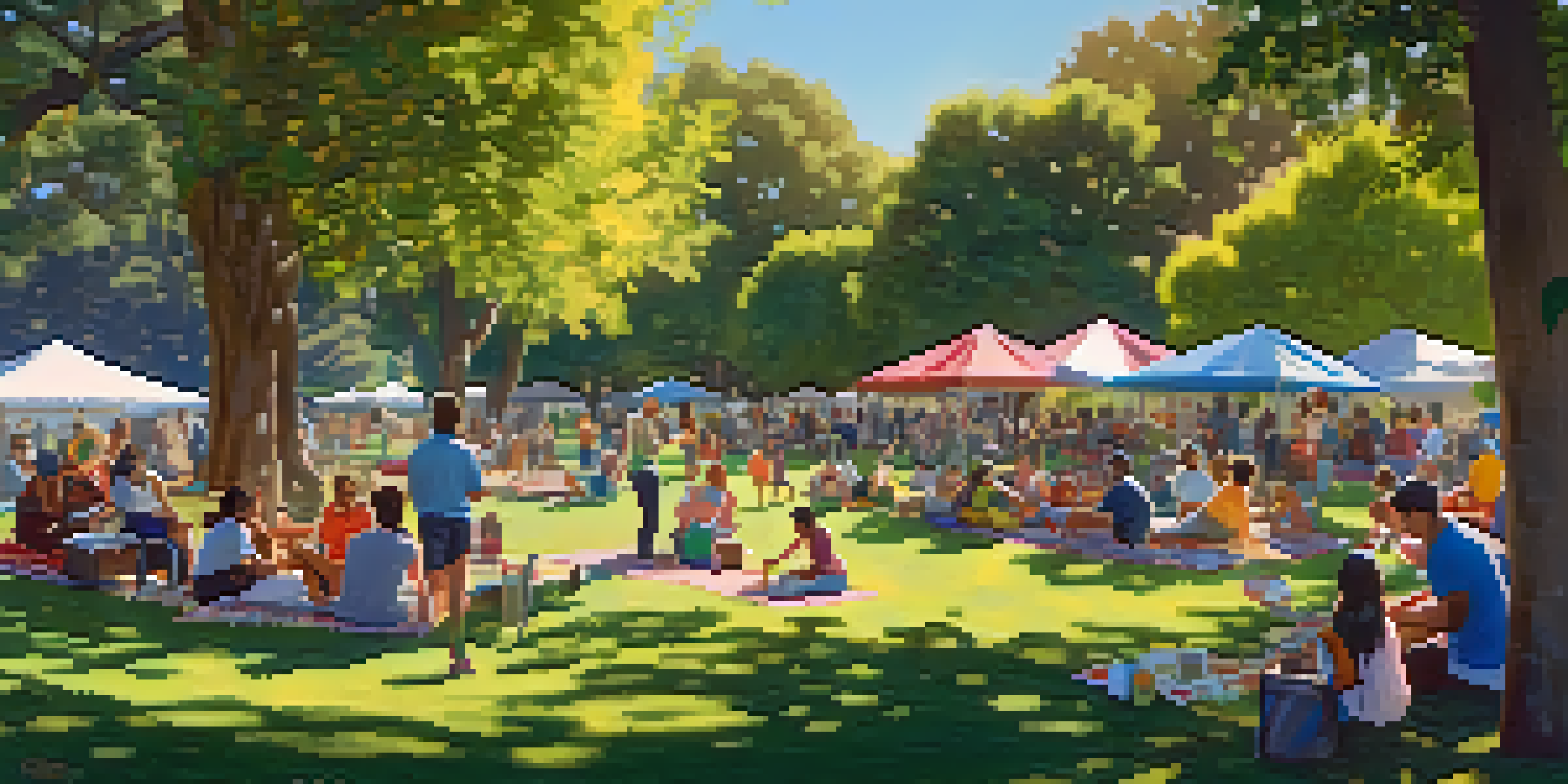 A lively community gathering in a park with diverse residents enjoying activities, colorful picnic blankets, and sunlight filtering through trees.