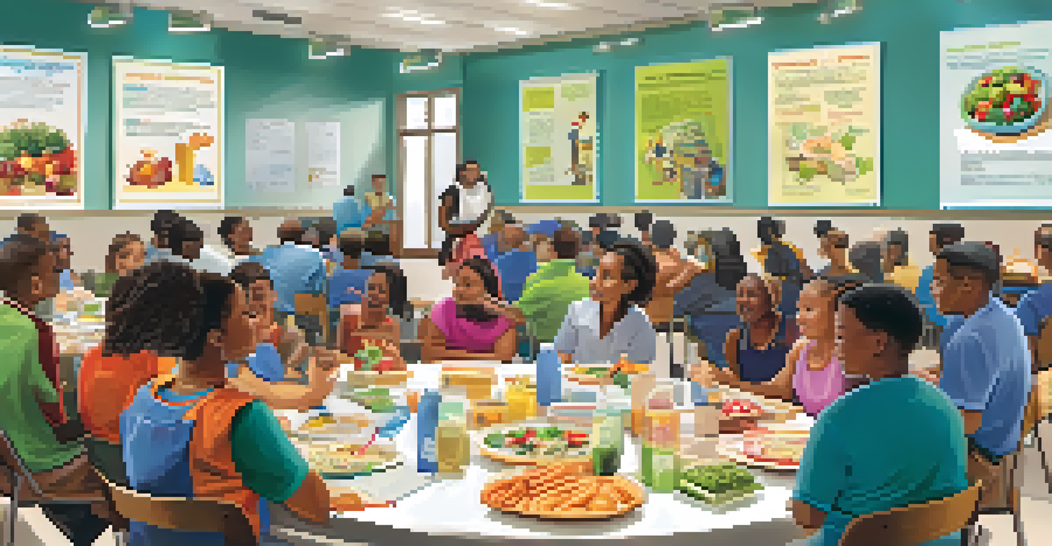 A diverse group of individuals attending an educational workshop on health in a community center, with posters and healthy snacks around.