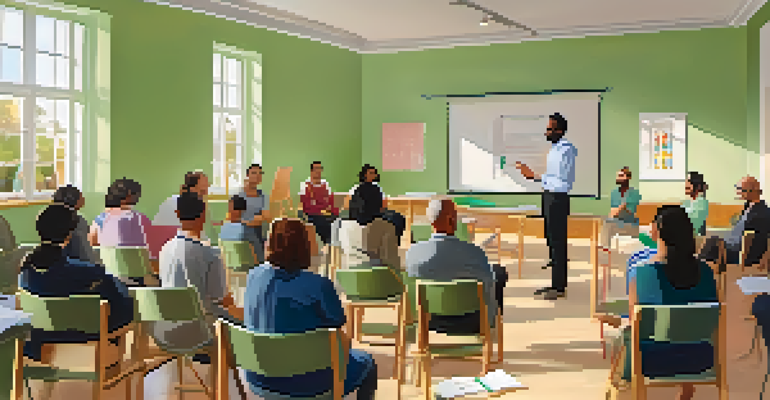 A classroom scene with adults attending a mental health awareness workshop, listening to a facilitator with engaging visuals.