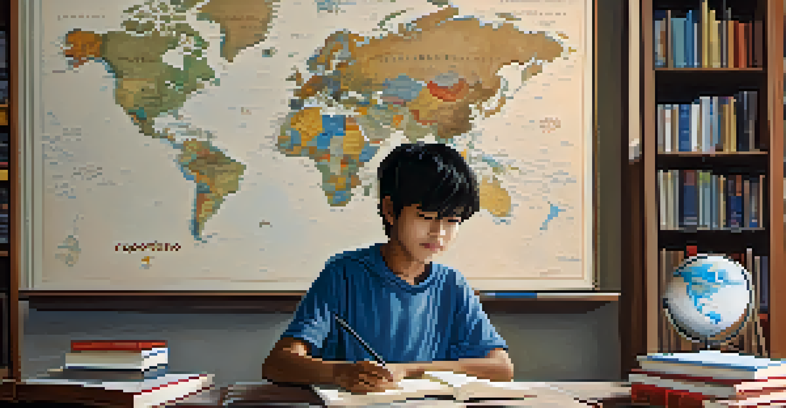 A student from Cupertino having a video call with an international peer, surrounded by educational materials.