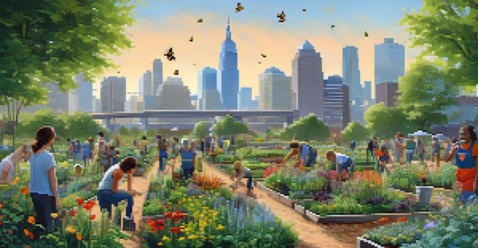 A lively community garden where volunteers are planting seedlings, surrounded by colorful flowers and a city skyline in the background.