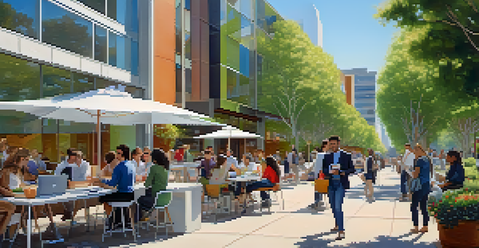 A lively outdoor scene in Cupertino with diverse young professionals working together, modern buildings of tech companies, and greenery.