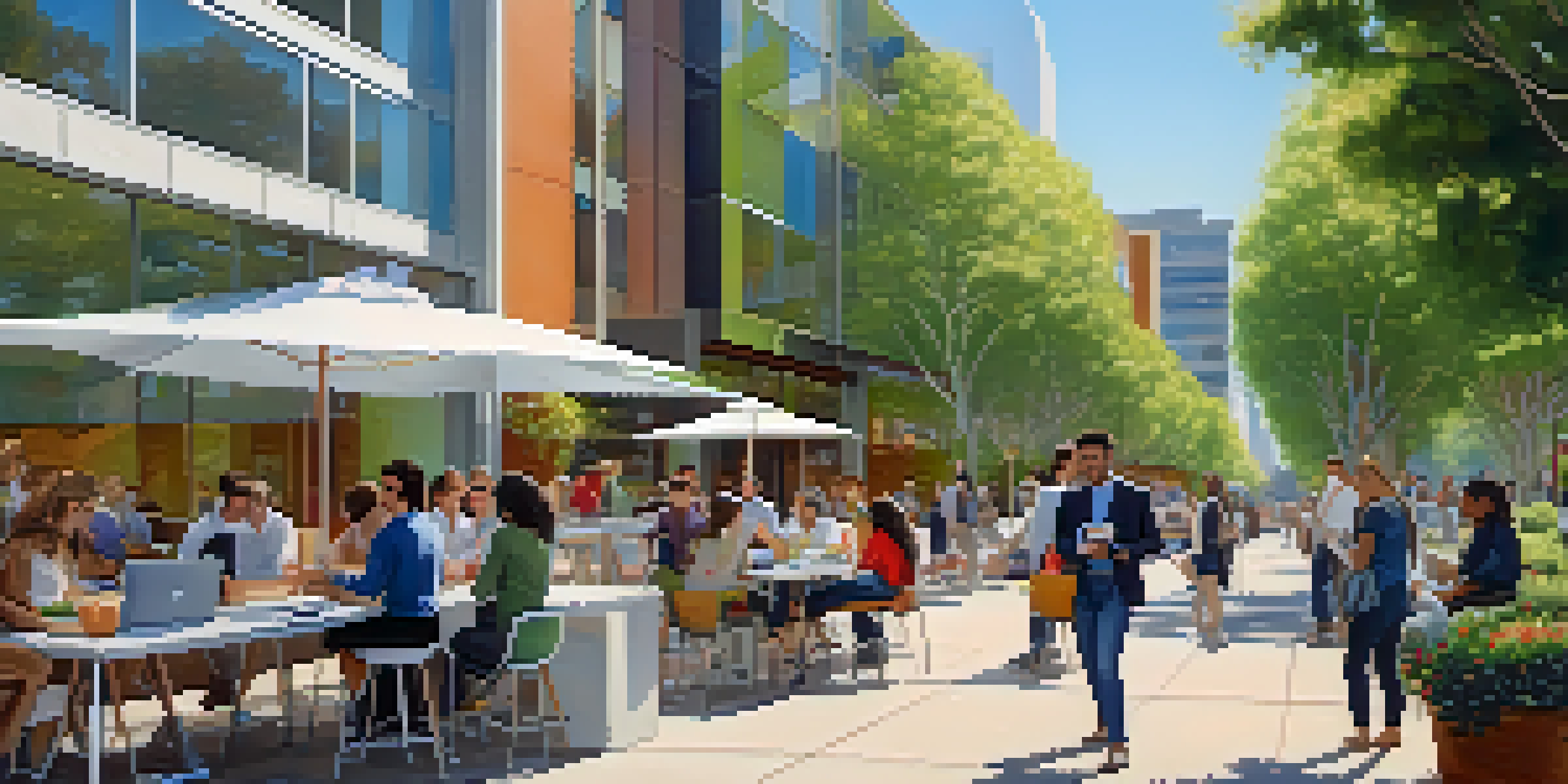 A lively outdoor scene in Cupertino with diverse young professionals working together, modern buildings of tech companies, and greenery.