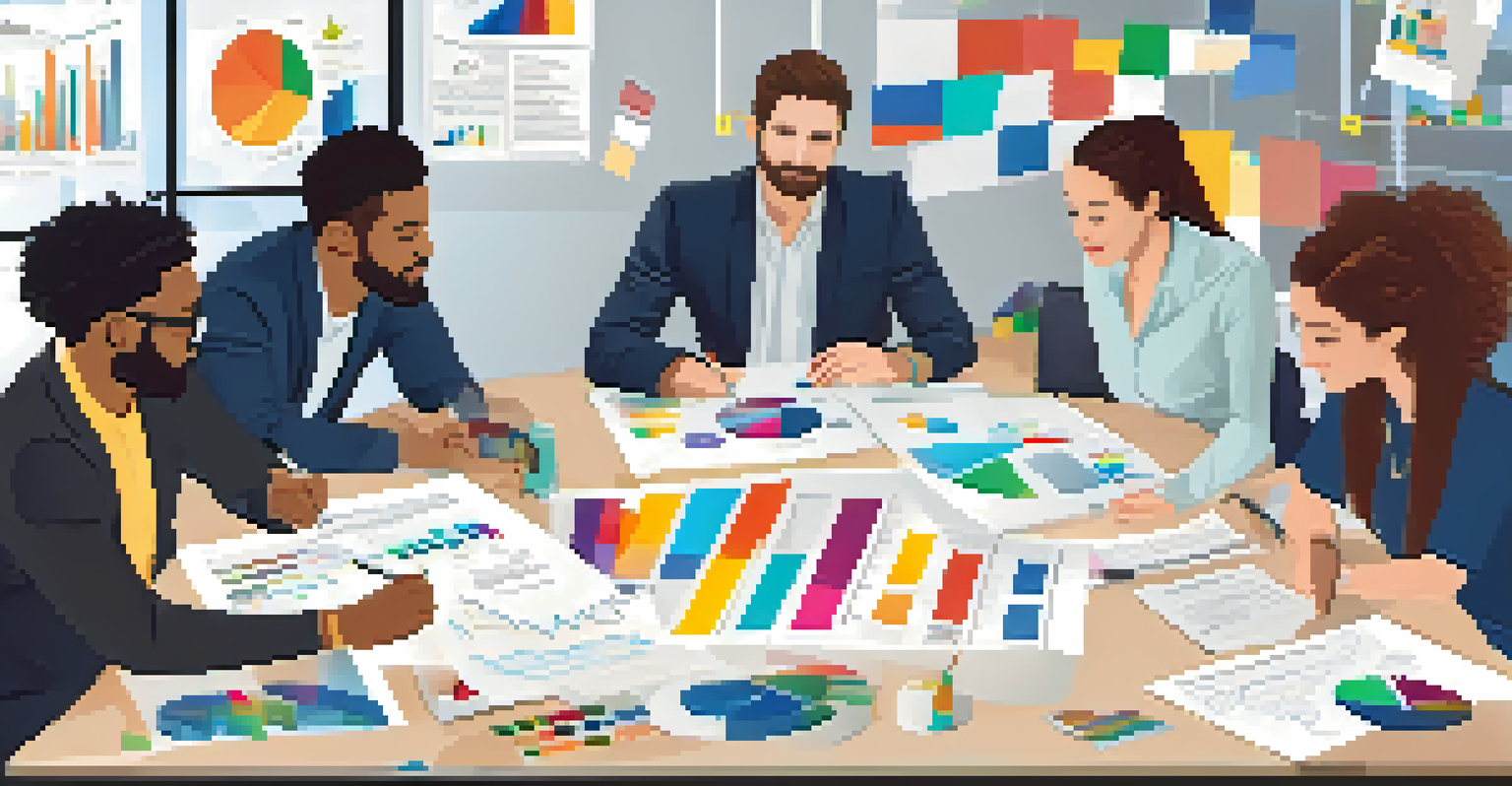 A group of diverse individuals collaborating on a business plan around a table, with charts and graphs.