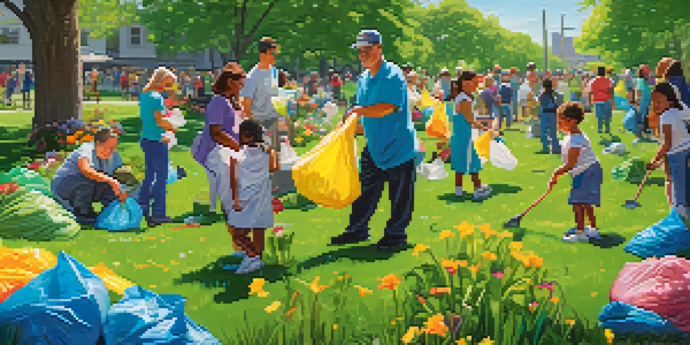 A diverse group of residents participating in a community clean-up event in a park, surrounded by greenery and colorful flowers.