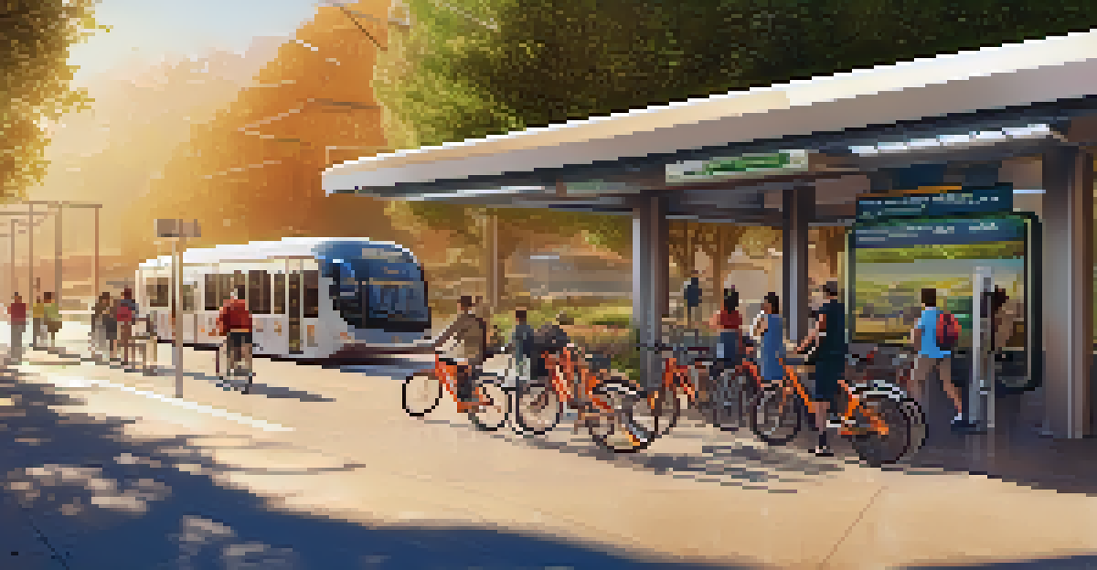 A bike-friendly public transport station in Cupertino with cyclists using bike racks, electric buses in the background, and people checking mobile apps for transit updates.