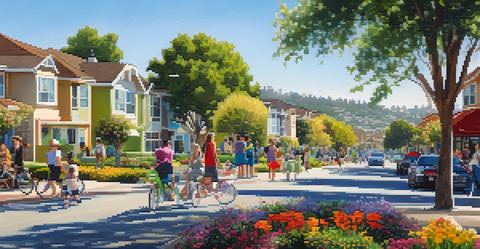 A vibrant neighborhood in Cupertino Village featuring modern apartments, single-family homes, and families enjoying community events in a park.