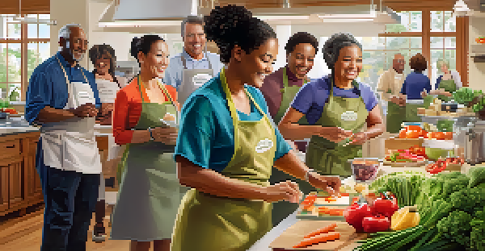 A diverse group of residents in Cupertino participating in a healthy cooking class, with fresh produce and a dietitian demonstrating recipes.