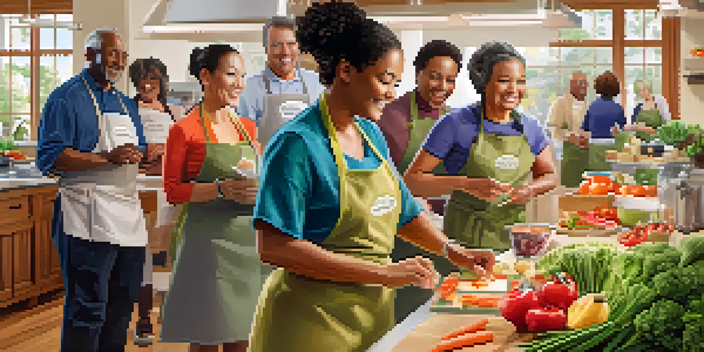A diverse group of residents in Cupertino participating in a healthy cooking class, with fresh produce and a dietitian demonstrating recipes.