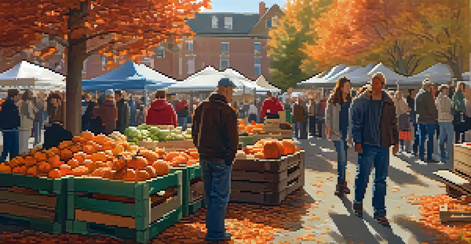 An autumn farmers market filled with pumpkins, apples, and squash, surrounded by colorful fall leaves and warm lighting.
