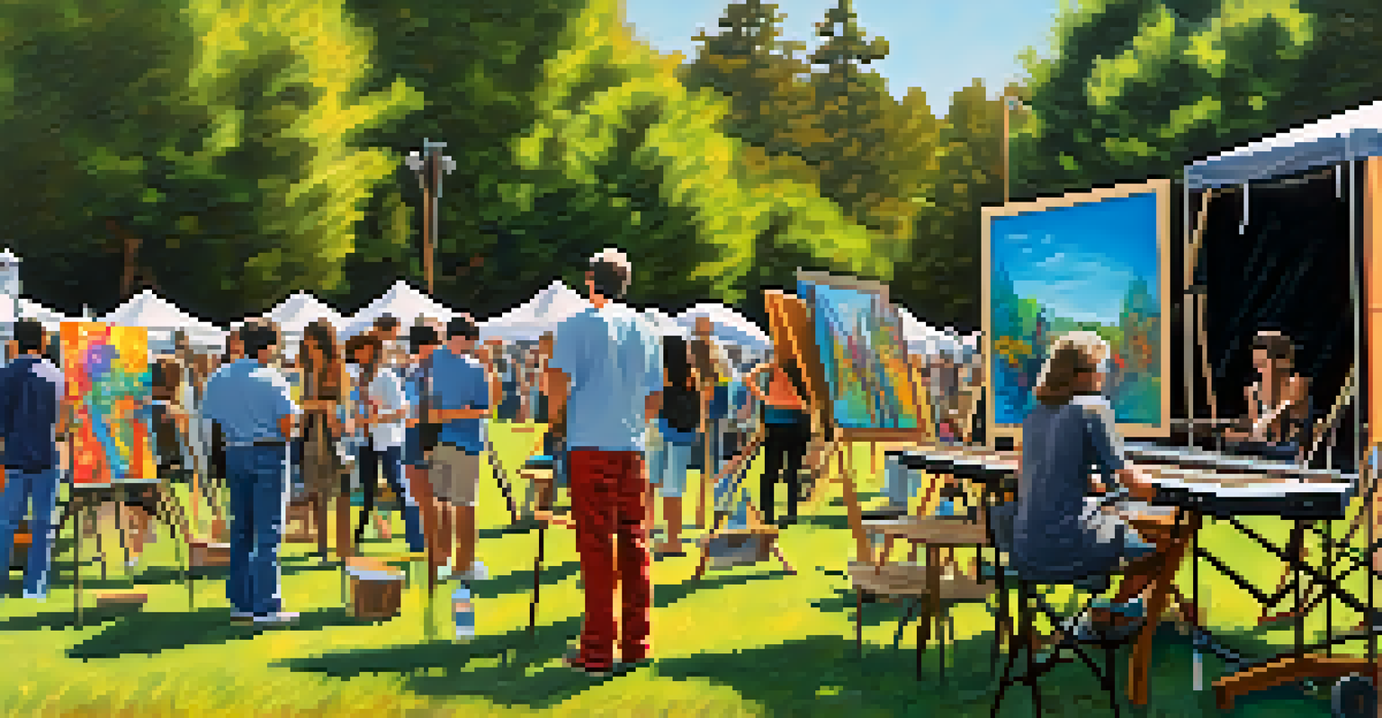 An outdoor art and music festival in Cupertino featuring artists with easels and musicians performing. Attendees interact with art, surrounded by vibrant colors and recycled decorations.