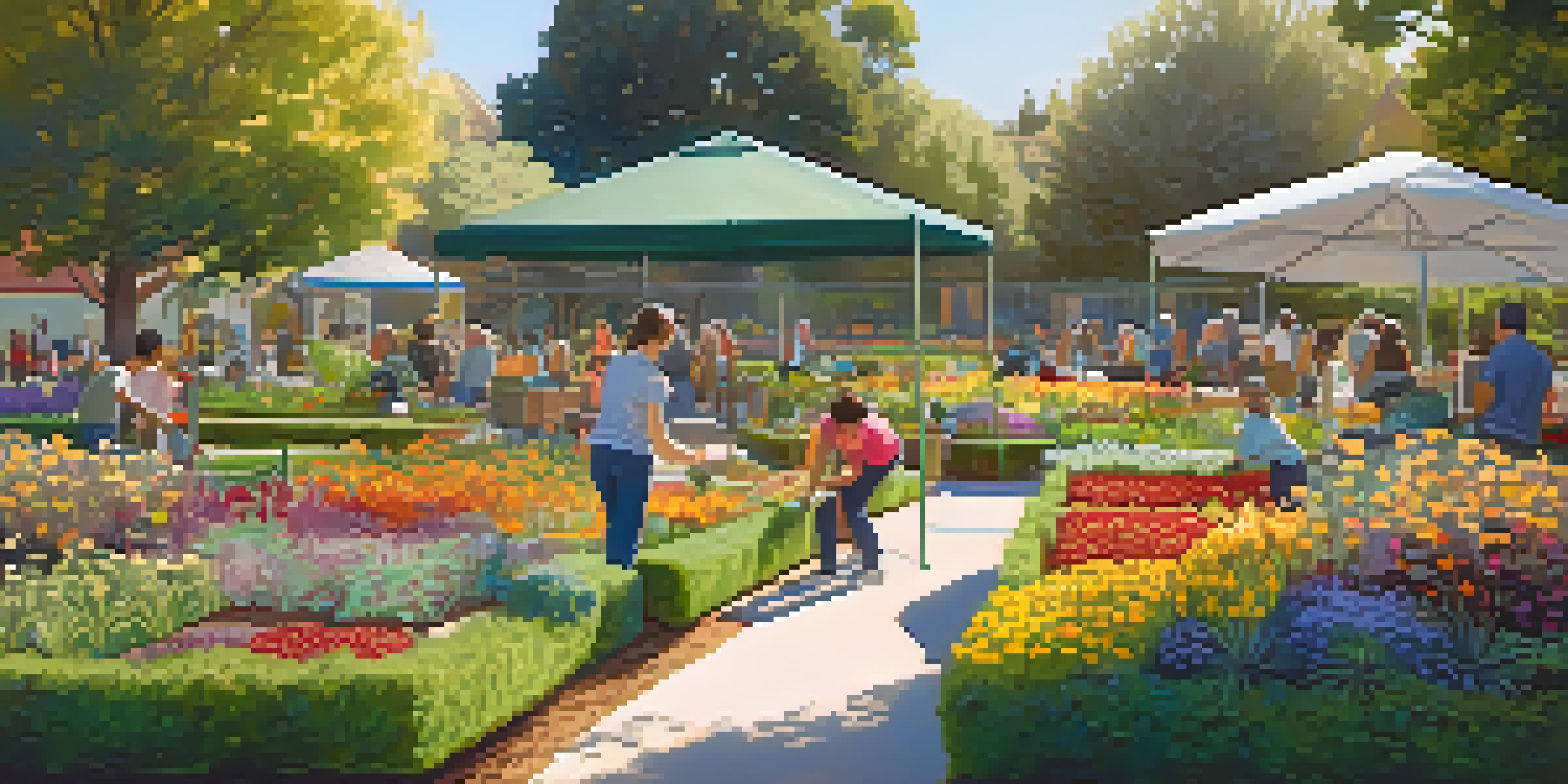 A community garden with diverse residents planting and tending to colorful flowers and vegetables under soft sunlight.