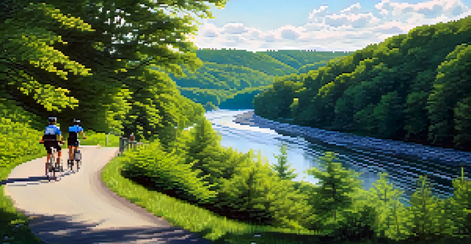 Cyclists enjoying a picturesque ride on a green forest trail beside a river, with sunlight filtering through the trees.