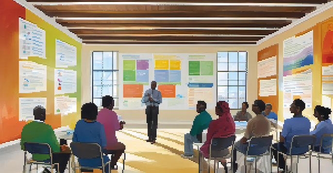 A diverse group of community members engaged in a health assessment meeting in a bright hall, with colorful health posters and natural light.