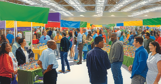 A lively job fair in Cupertino with diverse job seekers and employers interacting at booths in a bright indoor venue.