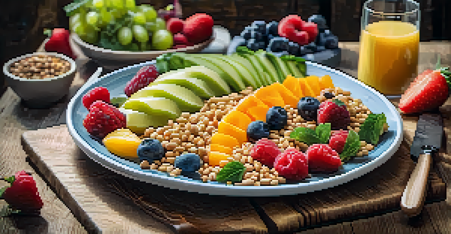 A vibrant and healthy meal plate featuring colorful fruits, vegetables, and whole grains on a rustic table.