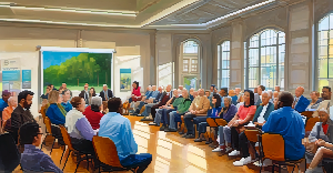 A lively town hall meeting with diverse community members discussing local issues with city officials.